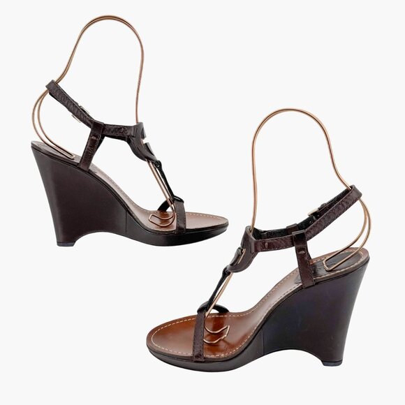 Gucci GG Interlock Cutout Wedge Sandals Size 7.5 Brown Leather Logo Platform - Picture 11 of 16